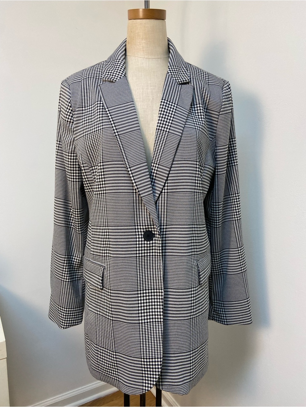 Marled Black & White Glen Plaid Single-Button Blazer